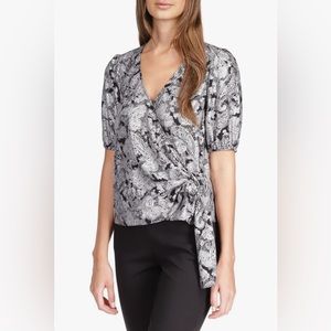 Michael Kors Black & Silver Foil Paisley Faux Wrap V Neck Top Puff Sleev…